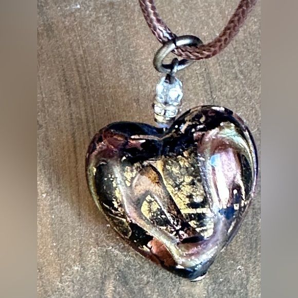 Heart Pendant Necklace Puffy Blown Art Glass Metallic Brown 16-18’ Chain 5518 G - Picture 10 of 10